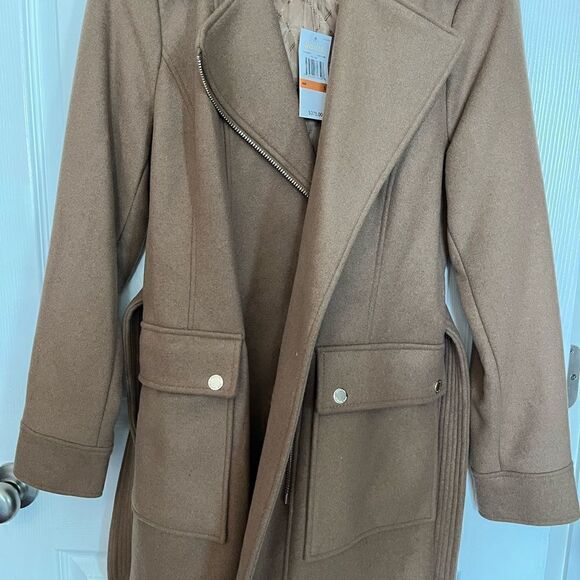 Michael Kors Asymmetric Zip Wool Blend Belted Coat in Dark Camel Size Small NWT - Picture 7 of 9